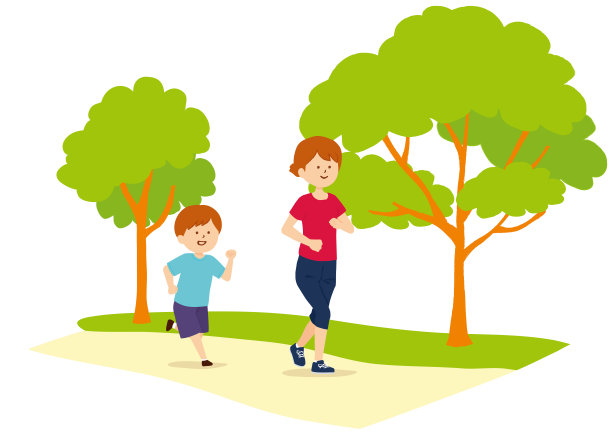 一个女人和一个男孩在公园里跑步的矢量插图图片下载