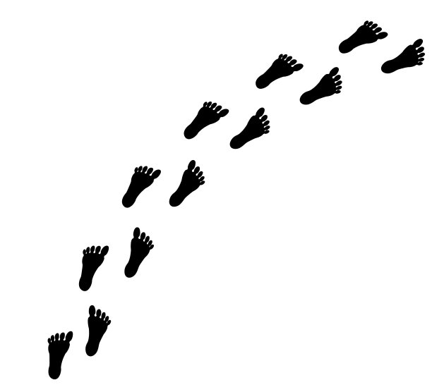 人的脚印有标记点。旅行者的脚印在白色的背景上被隔离。脚印刷子。矢量艺术图片下载