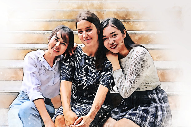 抽象美丽幸福女人友谊享受假期在水彩插画的背景。图片下载