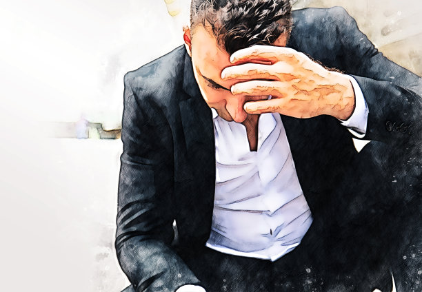 抽象的商人坐在悲伤和思考的工作上，行走在水彩插画的背景上。图片下载