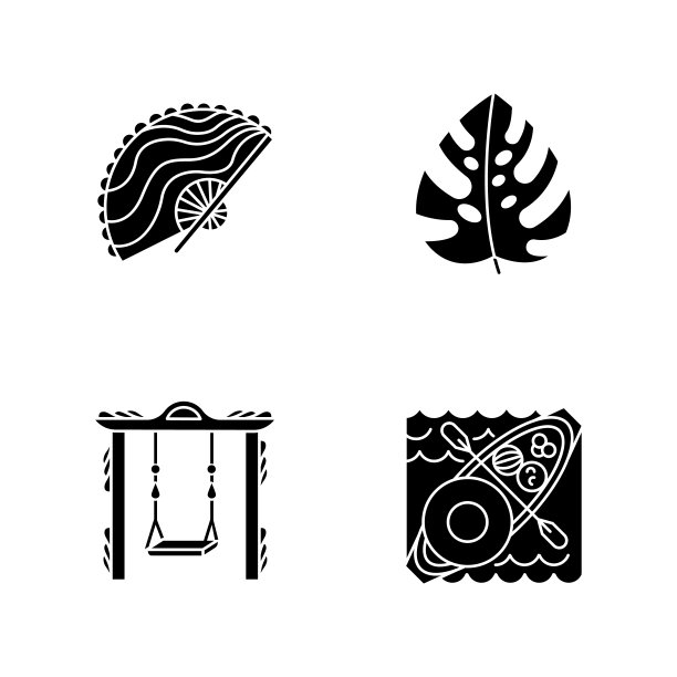 印度尼西亚字形图标集。热带国家的植物。去印尼群岛旅行。探索异国文化传统。独特的纪念品。浮动的市场。轮廓符号。向量孤立的插图图片下载