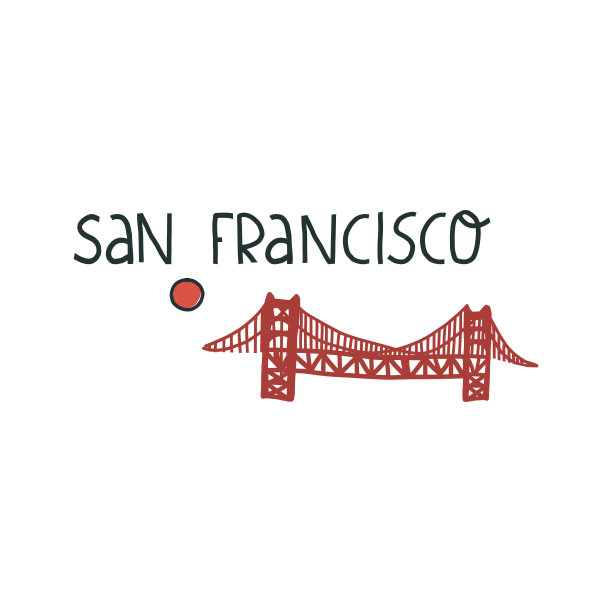 旧金山，加州的标志与手绘字母和地标金门。可爱的点矢量插图在孤立的背景。图片下载
