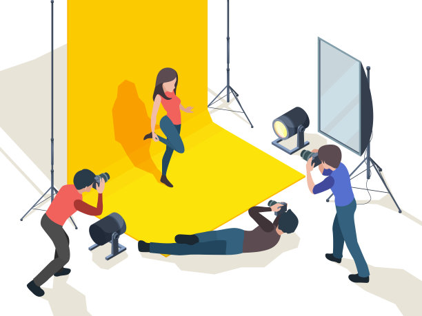 照片会话。模特在艺术工作室里摆姿势，专业摄影师在讲台上工作，制作数码照片集矢量等距背景图片下载