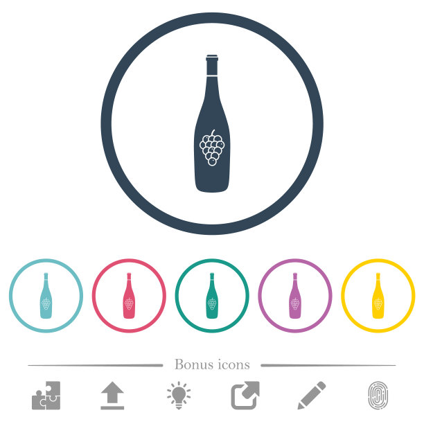 酒瓶与葡萄平面颜色图标在圆形轮廓图片下载
