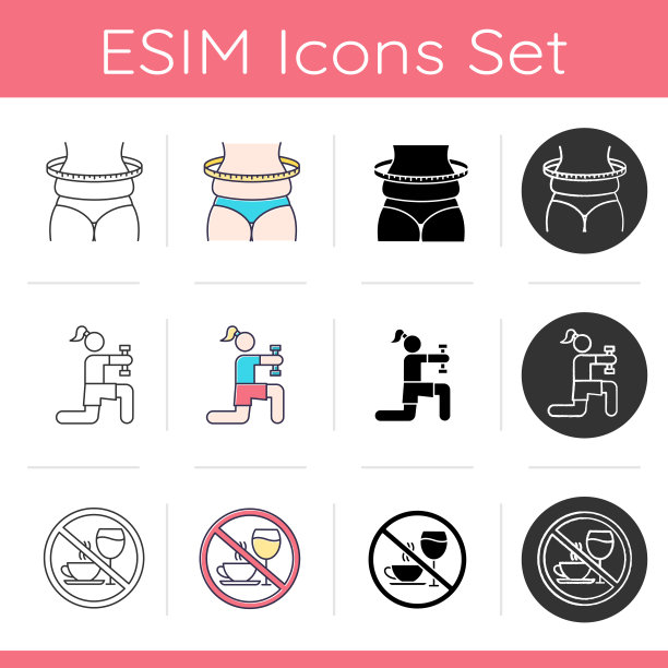 经前综合症图标设置。体重变化。体育锻炼。拒绝酒精和咖啡因医疗和selfcare。平面设计，线性，黑色和彩色风格。孤立的矢量插图图片下载