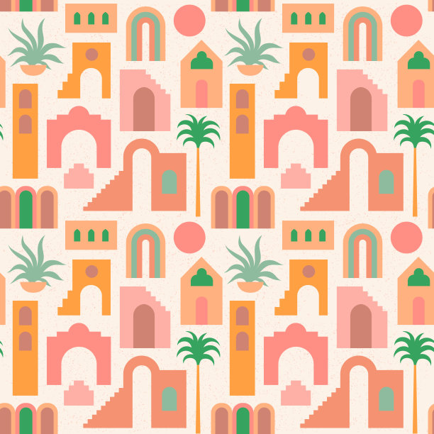 无缝模式与平面几何建筑，摩洛哥楼梯，墙壁，拱门，弧形，棕榈树。放荡不羁的风格。中世纪现代抽象版画。泥土色调，赤土色。古代东方的城市图片下载