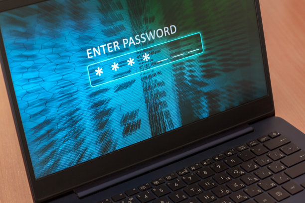 在笔记本电脑屏幕上输入密码概念。带星号的密码字段。蓝色的抽象背景。水平的。图片下载