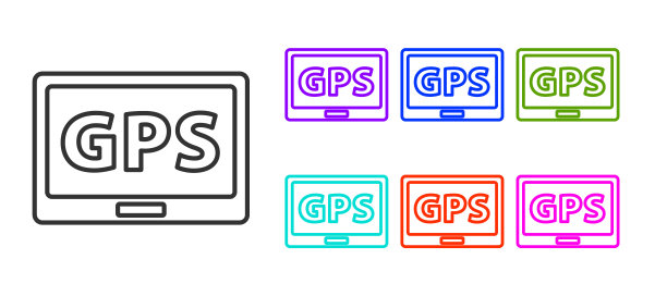黑线Gps设备与地图图标隔离在白色背景。设置图标丰富多彩。矢量图图片下载