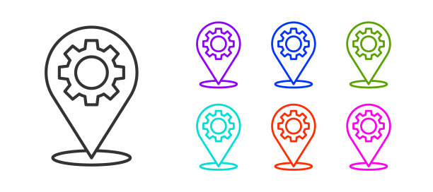 黑线位置，齿轮图标隔离在白色背景上。设置图标丰富多彩。矢量图图片下载