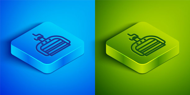 等距线滑雪升降机图标孤立在蓝色和绿色背景。方形按钮。矢量图图片下载