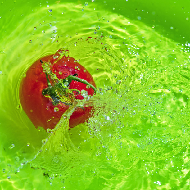 西红柿在水和溅在绿色的背景图片下载