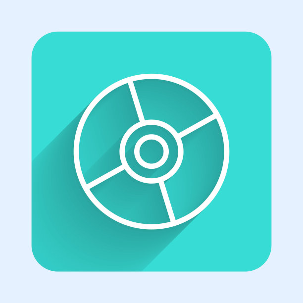 白色线CD或DVD磁盘图标孤立与长阴影。光盘的迹象。绿色广场按钮。矢量图图片下载