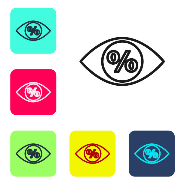 黑线眼睛与百分比图标隔离在白色背景上。购物标记符号。特别优惠的迹象。折扣券的象征。设置图标的颜色方形按钮。矢量图图片下载