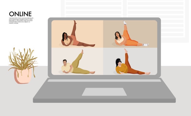 正在做瑜伽的超重模特。曲线在线远程训练，多样性格在家健身。家庭健身房虚拟锁定活动缩放运动类卡通人物矢量图片下载