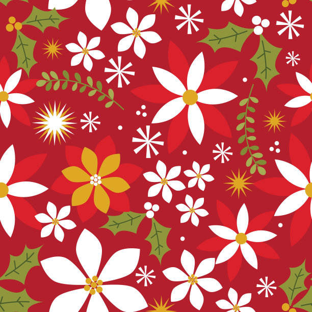 无缝圣诞图案背景一品红和树叶图案在红色的背景，矢量插图图片下载