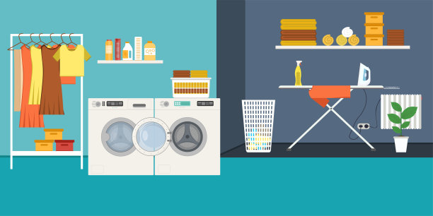 有洗衣机、烫衣板、衣架和洗衣篮的洗衣房。矢量插图在平面风格图片下载