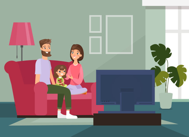矢插图一家人与孩子坐在沙发上，一起看电视，一家人待在家里。在隔离期间呆在家里并接受治疗。幸福的父母和女儿在卡通平面风格。图片下载
