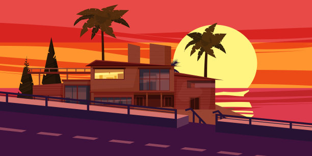 海滨日落海滩豪华别墅别墅别墅休息与棕榈树和植物，海，海。公路附近的现代建筑。阳光明媚的夏天风景，一天假期海边。矢量模板旗帜孤立插图图片下载