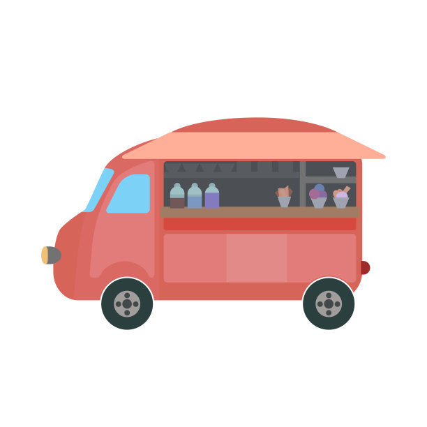 白色背景上的冰淇淋餐车的平面卡通。复古的粉色复古车。色彩斑斓的矢量图图片下载