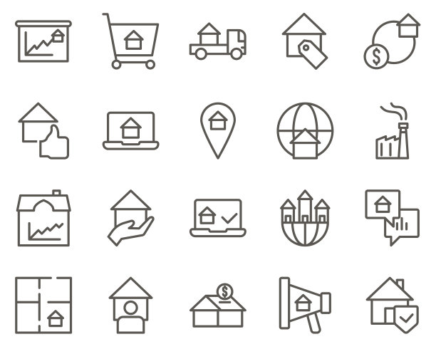 Home，安全设置矢量图标。房地产图标集。房地产相关的矢量线图标的简单设置。包含地图，计划，卧室等图标图片下载