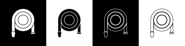 设置消防水带卷轴图标孤立的黑色和白色背景。矢量图图片下载