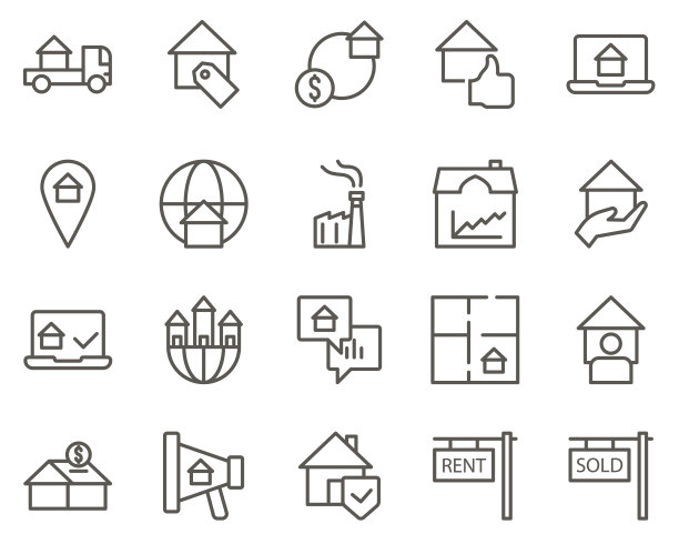 房子，财产，出售设置向量图标。房地产图标集。房地产相关的矢量线图标的简单设置。包含地图，计划，卧室等图标图片下载