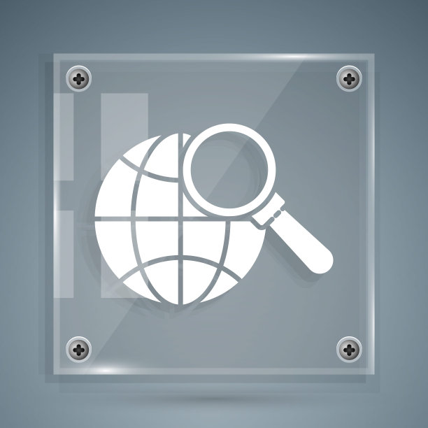 白色放大镜与全球图标孤立在灰色背景。分析了世界。全球搜索信号。方形玻璃面板。矢量图图片下载