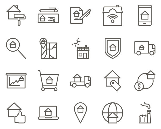 工厂，工业，植物设置矢量图标。房地产图标集。房地产相关的矢量线图标的简单设置。包含地图，计划，卧室等图标图片下载