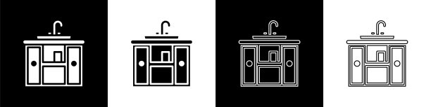 设置盥洗柜与水龙头图标隔离在黑白背景。矢量图图片下载