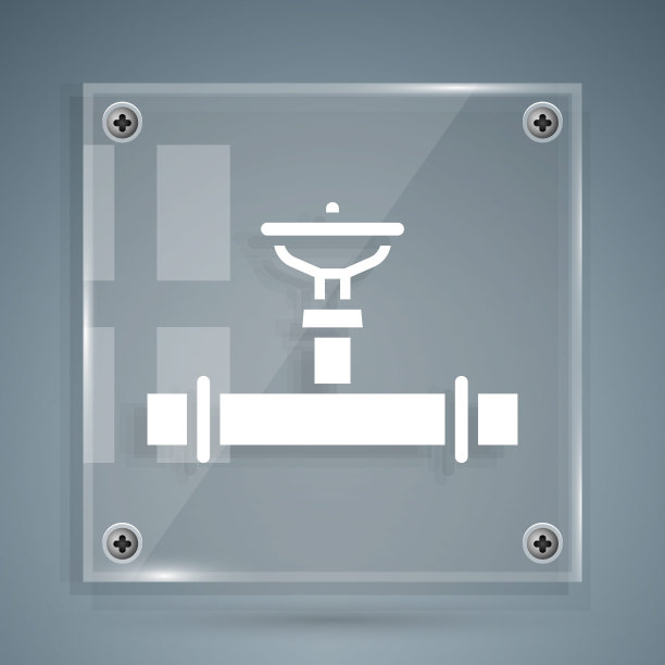 白色工业金属管和阀门图标隔离在灰色背景上。方形玻璃面板。矢量图图片下载