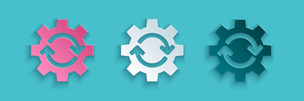 剪纸齿轮和箭头作为工作流概念图标孤立在蓝色背景。齿轮重载的迹象。纸艺术风格。矢量图图片下载