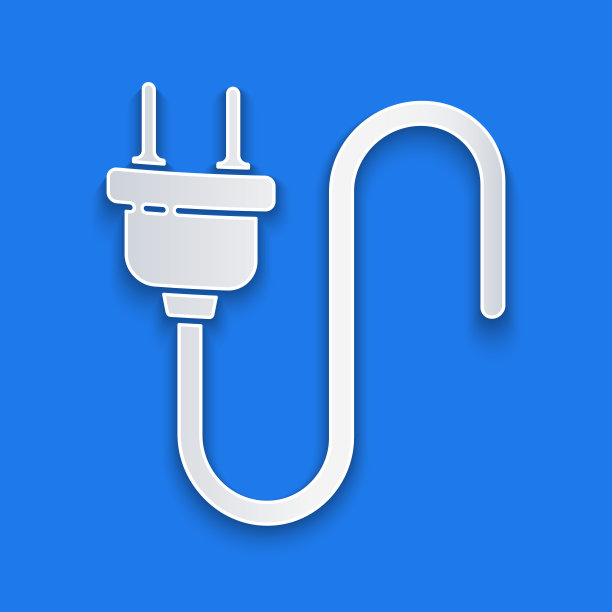 剪纸电插头图标隔离在蓝色背景。电的接通和断开的概念。纸艺术风格。矢量图素材图片