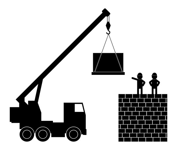 黑白插画：建筑工人监督起重机工作图片下载