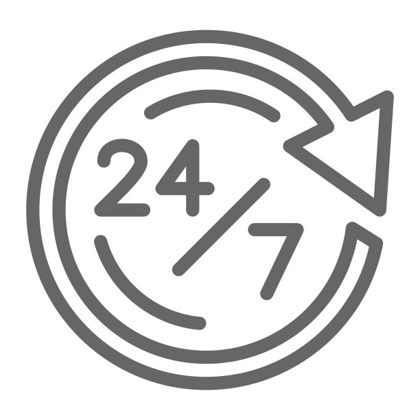 我们提供24/7全天候送货服务，物流符号，客户送货呼叫中心矢量标志，白色背景，营业时间轮廓样式图标。矢量图形图片下载