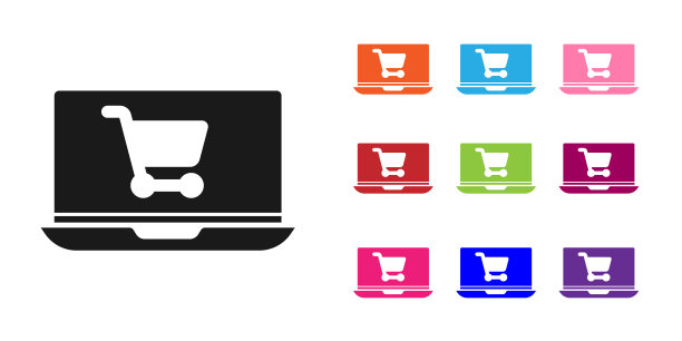 黑色购物车在屏幕上笔记本电脑图标隔离在白色背景。概念电子商务、电子商务、网上商务营销。设置图标丰富多彩。矢量图图片下载