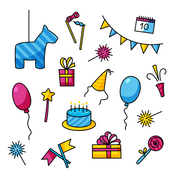 生日的元素集。蛋糕，有蜡烛，旗帜，气球，礼物盒，帽子，面具，烟花，饼干，皮纳塔。矢量插图，孤立的剪贴画。图片下载