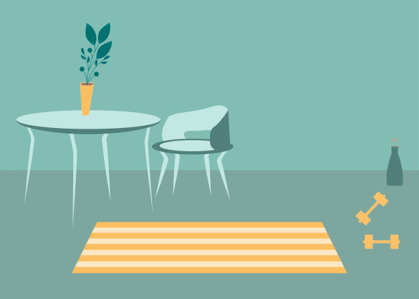 矢量室内平面设计插图。家中色彩缤纷的家具，简约的客厅，时尚的风格。设计一个舒适的房间，有室内装饰配件和植物。装饰元素图片下载