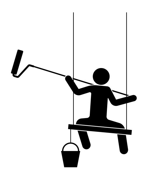 一名男子用长柄上的滚轴涂墙。坐在板子上，高空作业。白色上的孤立向量图片下载