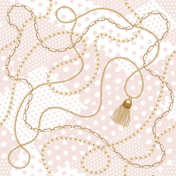 金金属发光链与流苏无缝。时尚图案。抽象的设计模式。金银丝项链上的波尔卡点背景。图片下载