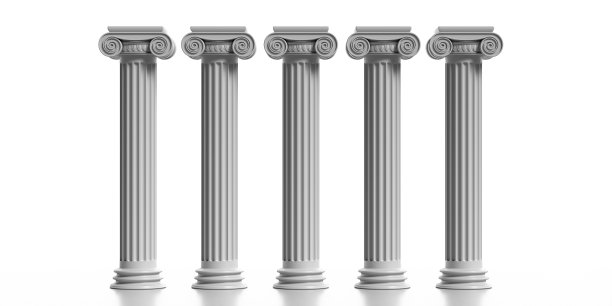 四根大理石柱子，在白色背景下孤立的古典希腊柱。三维演示图片下载