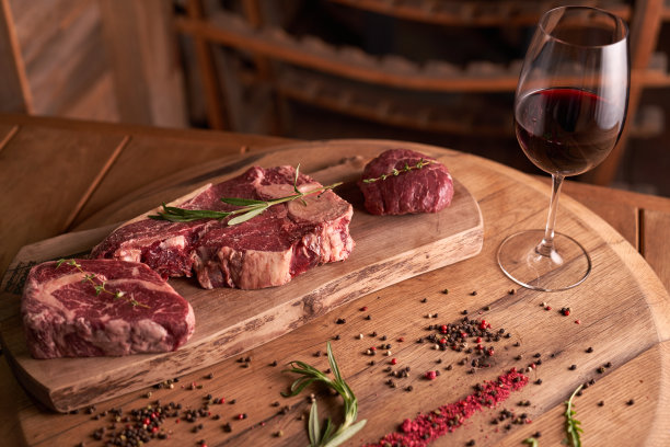 陈年熟透的肋眼牛排放在昏暗的砧板上，洒上香料——黑胡椒、磨碎的干番茄、迷迭香和一杯红酒，背景是一个瓶子架。餐厅内部图片下载