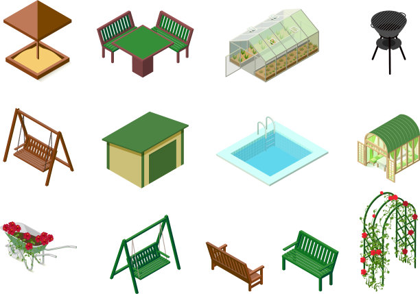 园林建筑物体三维等距图片下载