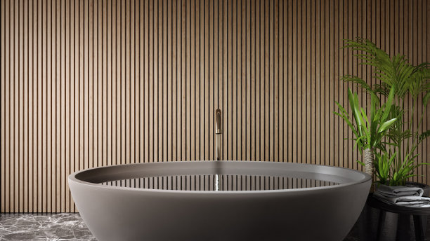 现代住宅或豪华别墅大型浴室的黑色大理石地板浴缸。图片下载