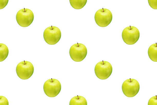 白色背景上的绿苹果图案。孤立的水果。图片为织物，墙纸和包装纸图片下载
