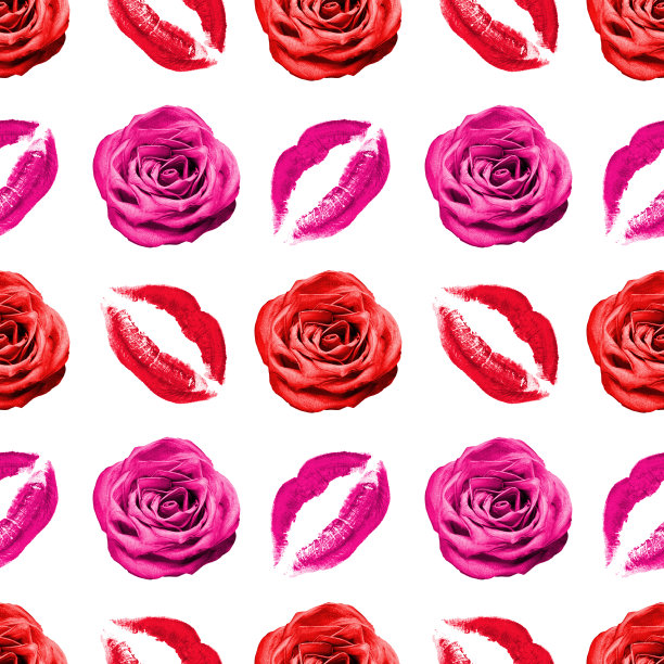 无缝图案红玫瑰花和粉色口红吻印在白色背景上孤立，玫瑰花和唇妆邮票重复点缀，化妆墙纸，美丽背景，时尚横幅图片下载