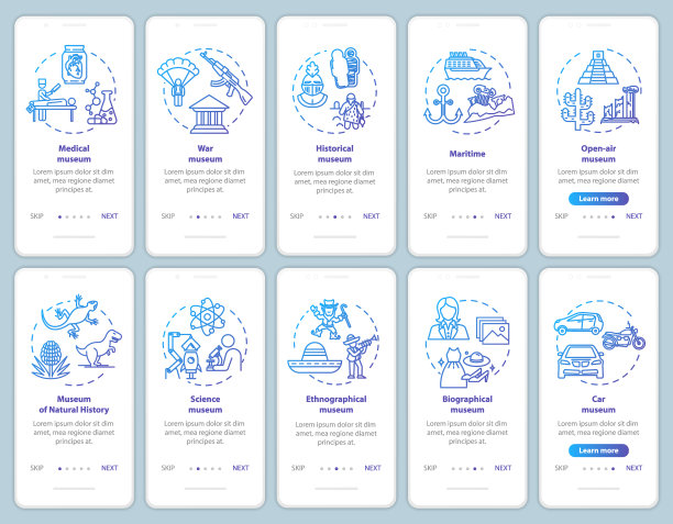展览和博物馆登陆手机应用页面屏幕矢量模板。民族志,传记。用线性插图演练网站步骤。UX, UI, GUI智能手机界面概念图片下载
