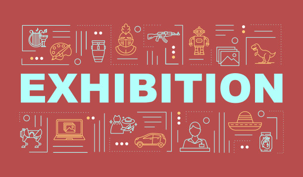 展览字概念横幅。博物馆展览。历史和文化。科学和技术。红色背景上有线性图标的信息图。孤立的排版。向量大纲说明图片下载