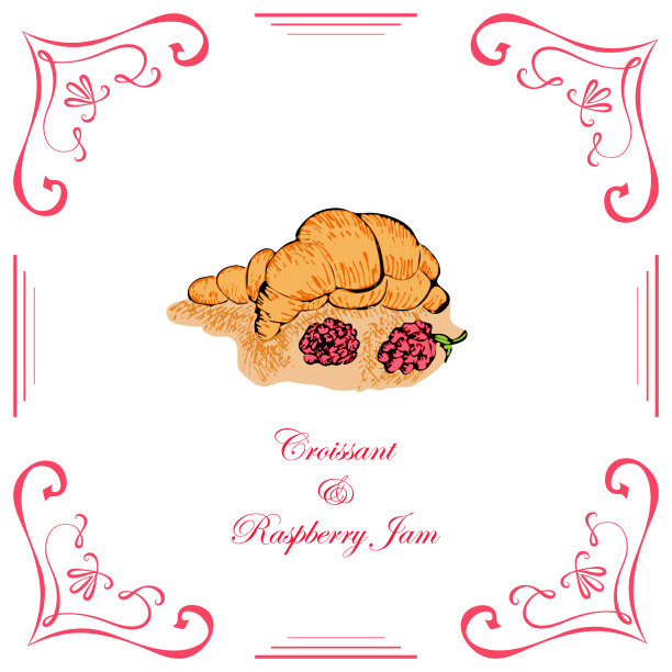 手绘牛角面包和覆盆子和复古风格框架图片下载