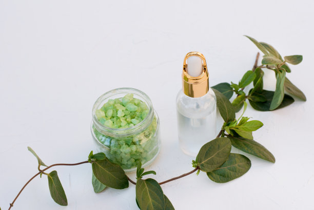 俯视图中草药油和化妆品盐在纹理混凝土背景与绿色的树枝图片下载