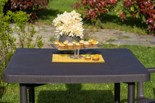 在花园里的桌子上，酸黄色的花图片下载